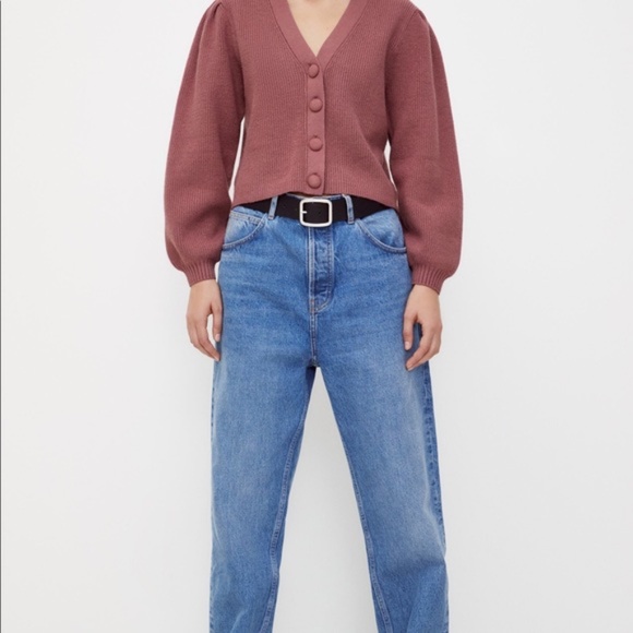 Zara Dark Rose Pink Mauve Knit Puff Shoulder Sleeves Button Up V Neck Cardigan L - Picture 2 of 7